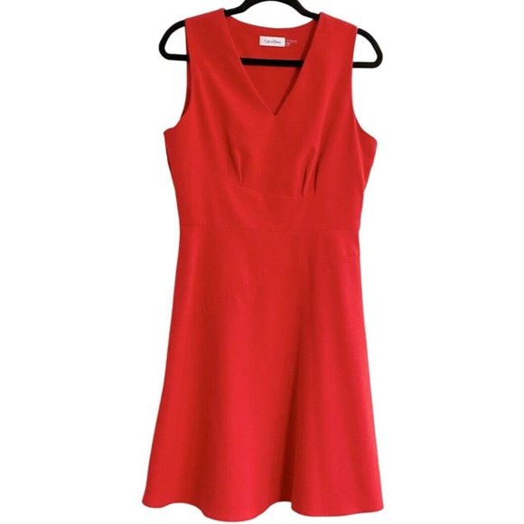 Calvin Klein Sleeveless V-Neck Amaranth Red Fit & Flare Woven Dress Size 10 - Picture 5 of 7